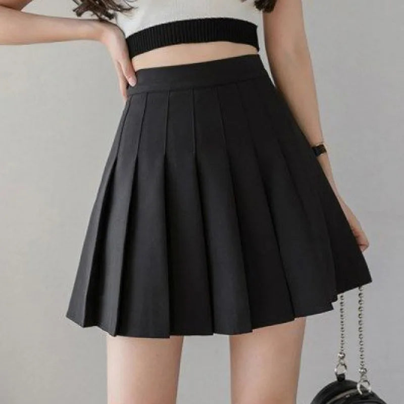 Women's Skirt Shorts High Waist A-line Student Pleated Skirts Solid Casual Clothes Dance Mini School Girls Skirts Kawaii Faldas Black