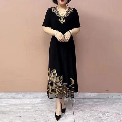 Women's Clothing Vintage Floral Embroidery Long Dress Fashion Diamonds Summer Elegant V-Neck Casual A-Line Waist Dresses black