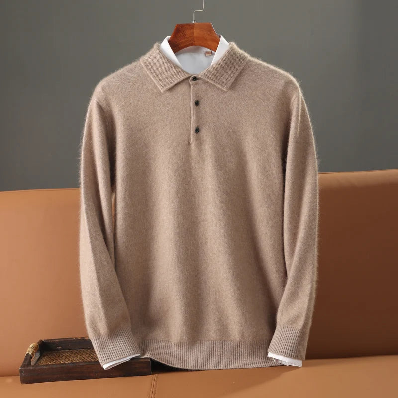 Men's Shirt 100% Mink Cashmere Sweater Casual Business POLO Collar Pullover Autumn Winter Warm Knit Base Shirt Men's Clothing