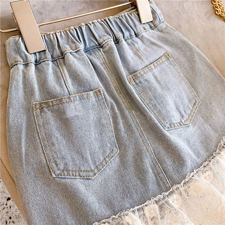 Summer Girls Skirts Jeans Baby Girl Sweet Lace Denim Skirt Fashion Kids Girls Party Skirt 2-14 Years Children Clothes