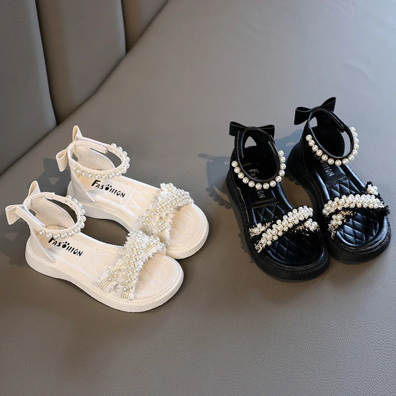 Children Summer New Sandals for Girls Fashion Pearls Beading Soft Platform Kids Casual Open-toe Beach Party Shoes with Bow-knot