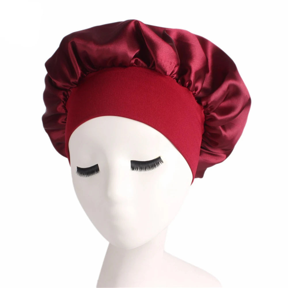 Newly Women's Satin Solid Sleeping Hat Night Hair Care Bonnet Nightcap For Women Men Unisex Cap Wine Red