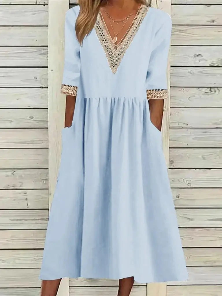 Women's Dress Summer New V-neck Half Sleeve Cotton Solid Pleated Elegant A-line Dress Fashion Casual Loose Vintage Long Dress Light Blue CHINA