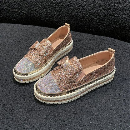 Fashion Women Shoes Shining Rhinestone Loafer Bowknot Slip-on Thick Botton Casual Ladies Crystal Female Platform Sneakers Sports