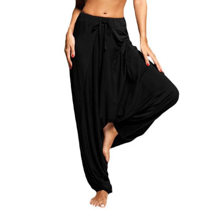 Harem Pants Womens Casual Hippy Loose Trousers Baggy Drop-crotch Solid Color Wide Leg Elastic Waist Fashion Mujer Pantalones New Black