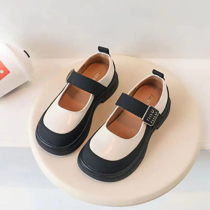 Girls' Leather Shoes Spring and Autumn New Children's British Fashion Temperament Princess Black Patchwork Campus Single Shoe WHITE CHINA