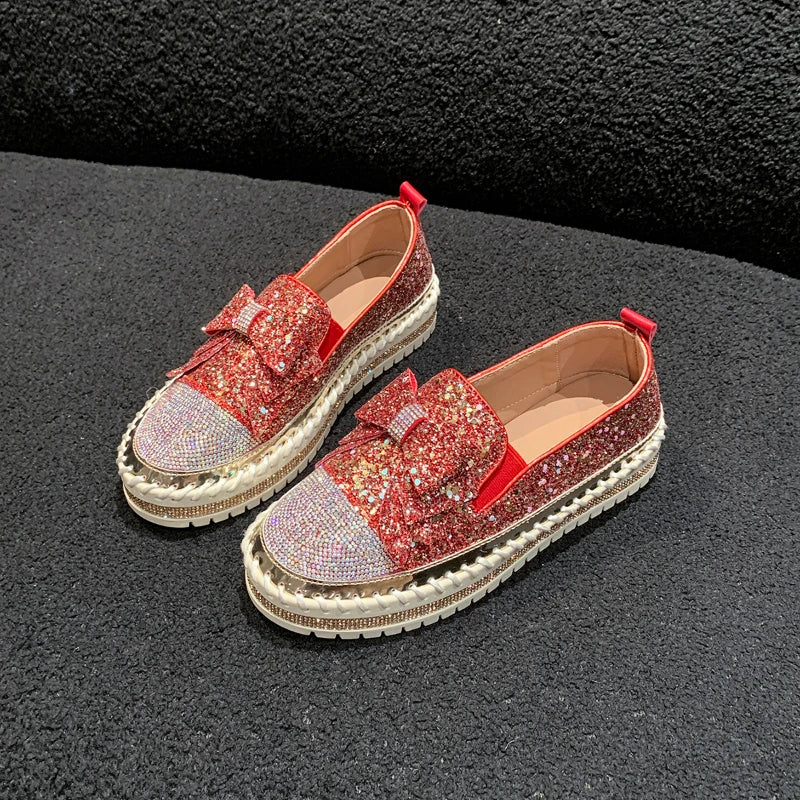 Fashion Women Shoes Shining Rhinestone Loafer Bowknot Slip-on Thick Botton Casual Ladies Crystal Female Platform Sneakers Sports