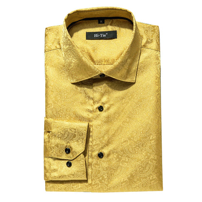 Hi-Tie Gold Luxury Mens Shirts Silk Jacquard High Quality Long Sleeve Lapel Shirt Casual Formal for Male Wedding Business Gifts