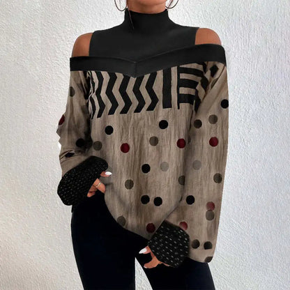 2024Ladies Long Sleeve Turtleneck Tops Women Sexy Off Shoulder Hollow Out Loose Printing T-shirt 2024 Autumn Fashion T-shirt Top