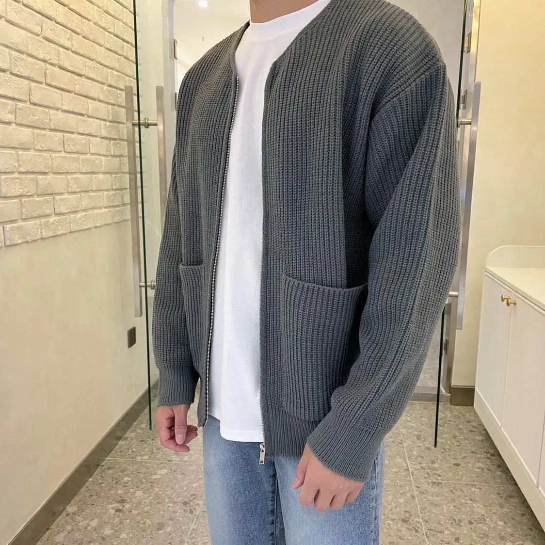 Men's Solid Color Slim-Fit Cardigan Zipper Sweater Autumn and Winter Sweater Coat Top Men Long Sleeve Stand Collar Sweater Coat