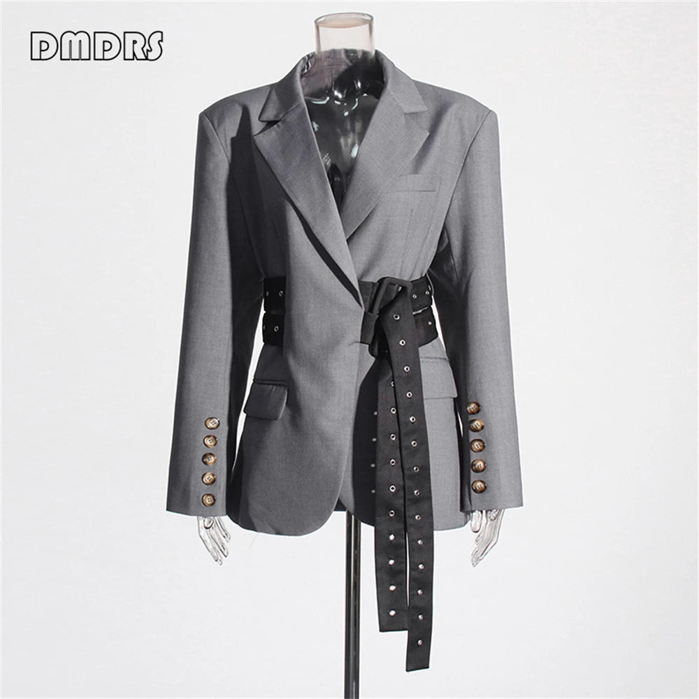 High Street Women's Suit Jacket, Fashionable Belt Notched Jacket for Women, Regular Fit Autumn Outfit