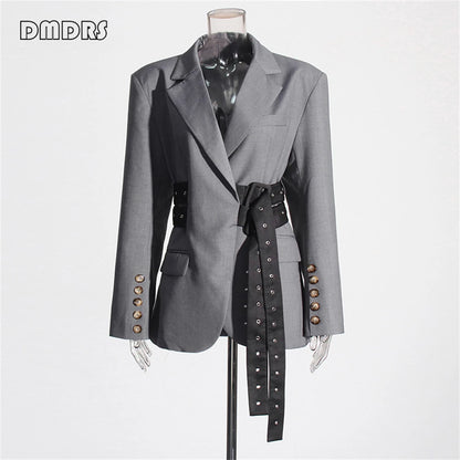 High Street Women's Suit Jacket, Fashionable Belt Notched Jacket for Women, Regular Fit Autumn Outfit