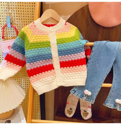 Rainbow Striped Knitted Cardigans for Kids Baby Girls Autumn Winter Long Sleeve Single-breasted Sweater Coats Children Clothes