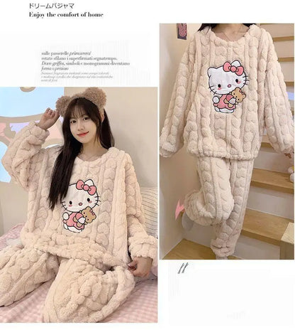 Kawaii Hello Kitty 2Pcs Plush Pajama Set Sanrioed Pochacco Cartoon Anime Winter Women Homewear Winter Thicken Girls Keep Warm