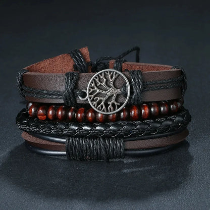 4Pcs/ Set Braided Wrap Leather Bracelets For Men Vintage Life Tree Rudder Charm Wood Beads Ethnic Tribal Wristbands