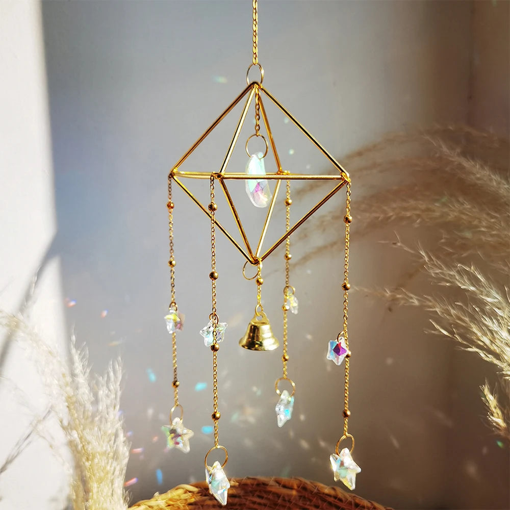 Crystal Wind Chimes Dream Catcher Stained Glass Sun Catcher Prism Rainbow Maker Window Garden Decoration Outdoor Christmas Gift gold MS052