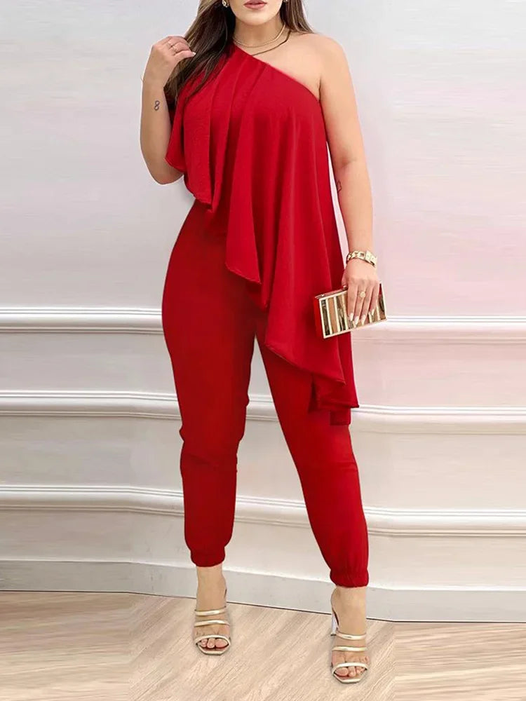 Sexy One Shoulder Jumpsuits Woman 2023 Summer New Fashion Asymmetrical Ruffles Plain Sleeveless Print Long Jumpsuit Clothing Red