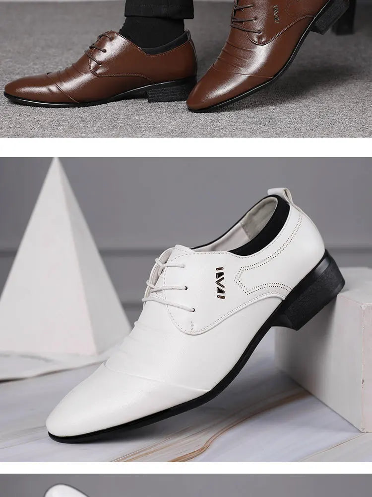 Classic Men Dress Shoes Lace-up White Leather Shoes for Man Plus Size Point Toe Business Casual Men's Formal Shoes for Wedding