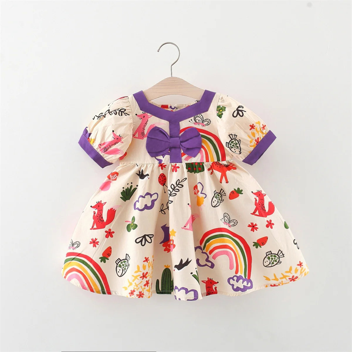 0-3 Year Old Girl'S Dress, Summer Cartoon Rainbow Animal Print Bow Decoration, Short Sleeved Loose Fitting Skirt Beige