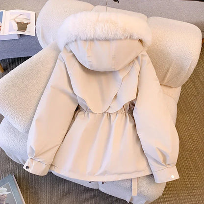 Fleece Lined Hood Down Jacket Winter Coat for Women Warm Drawstring Padded Parkas Korean Casual Streetwear Female Puffer Outwear