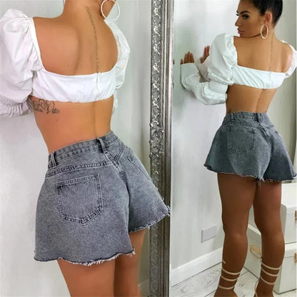 Women Denim Shorts Summer Loose Style High Waist Streetwear Pantalones Cortos Solid Cutting Edge Flared Shorts Fashion Femme