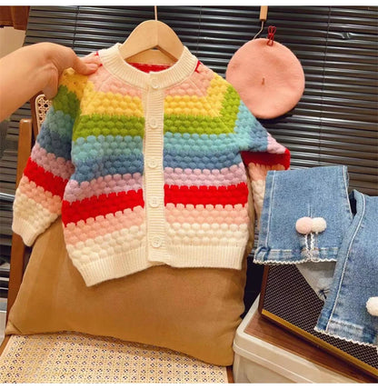 Rainbow Striped Knitted Cardigans for Kids Baby Girls Autumn Winter Long Sleeve Single-breasted Sweater Coats Children Clothes