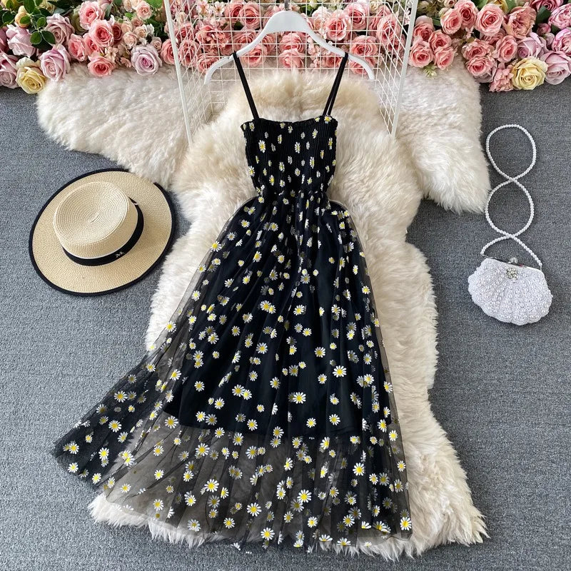 YuooMuoo Chic Fashion Fairy Daisy Flower Print Summer Dress Women Slim Elastic Two Layers Straps Long Party Dress Beach Sundress