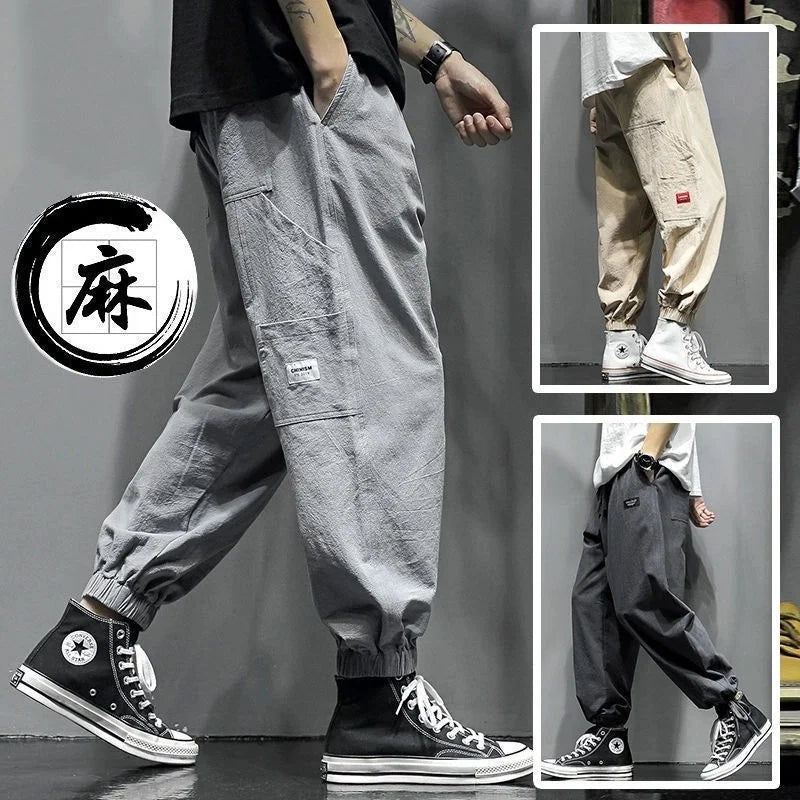 New Korean Fashion Men's Wide Leg Linen Loose Nine Point Cargo Pants Men Clothing Techwear Sweatpants Trousers Streetwear