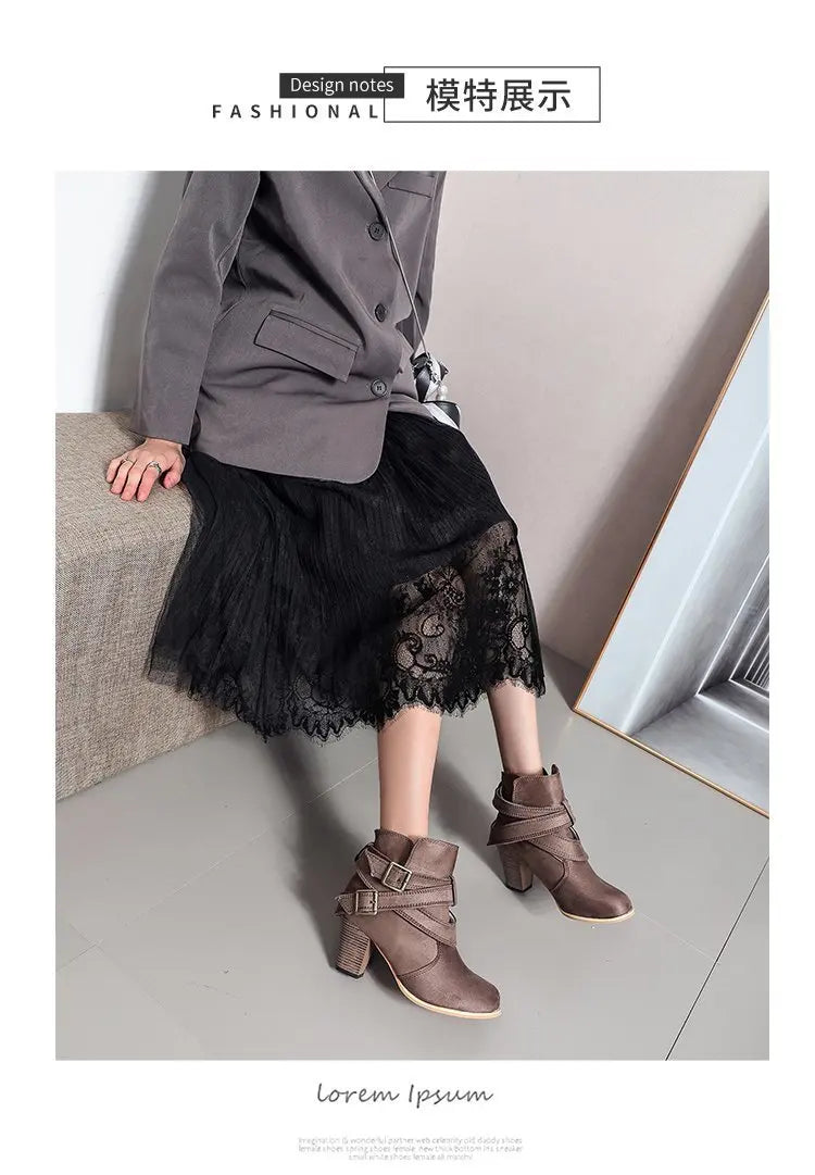 Maogu Buckle Casual Ladies Shoes Female Chelsea Short Boot Chunky Heel Autumn Footwear 2024 Vintage Women High Heels Ankle Boots