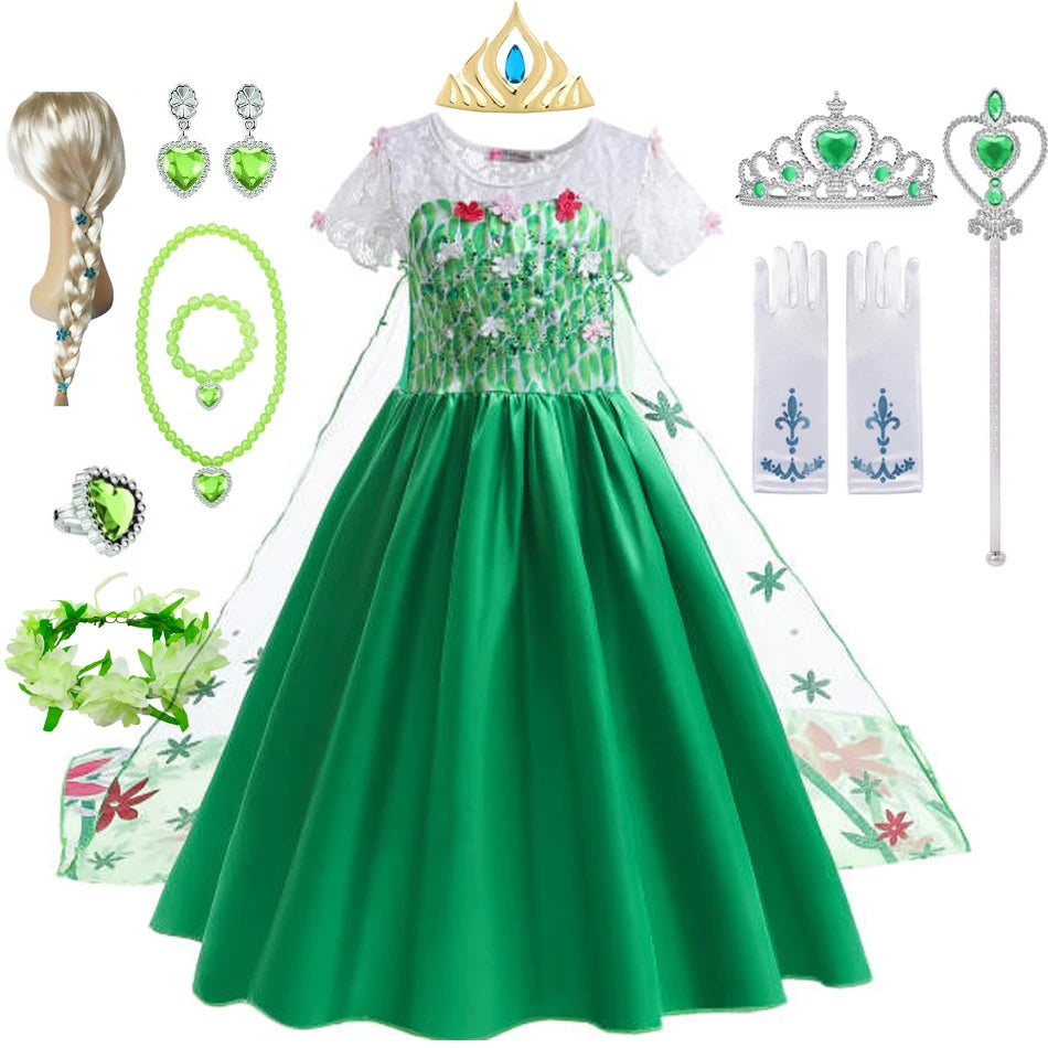 Elsa Dress Girl Princess Dress Cosplay Costume Dresses Baby Kids Clothes Fantasia Vestidos Green For Children