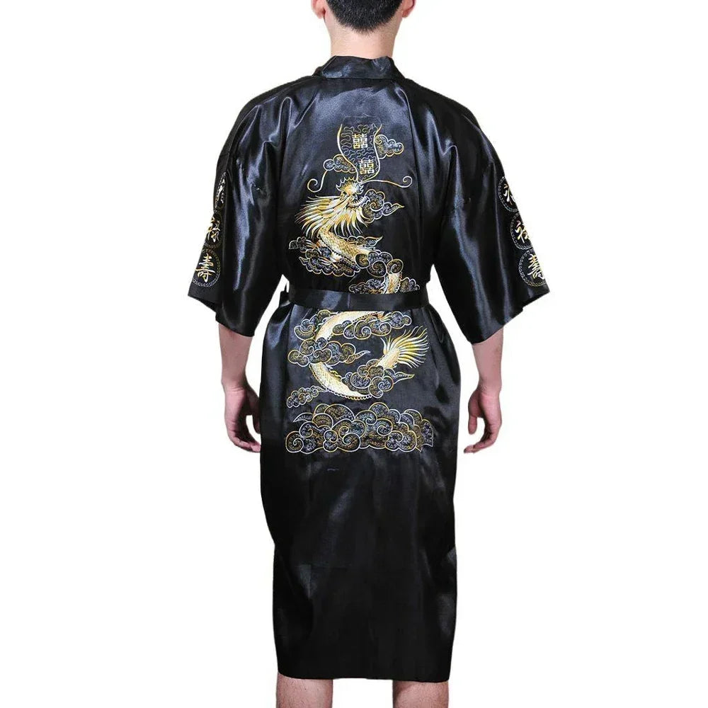 Men's Satin Robes Chinese Style Dragon Embroidery Kimono Silk-like Bathrobe Pajamas Sleepwear Gown Bath Robe