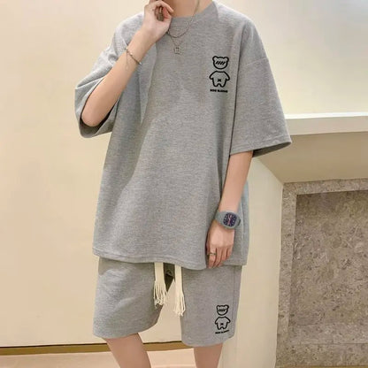 Korean Fashion Men Short Sets Hip Hop Rock Casual Short Suit Funny Bear Tshirts Shorts 2 Piece Set Summer Tracksuit Men 2023 New