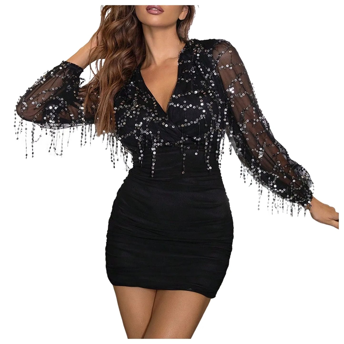 Sexy Evening Dress For Women See Through Sequin Women Elegant Mesh Long Sleeve Party Dress Bodycon Club Birthday Dress Vestidos