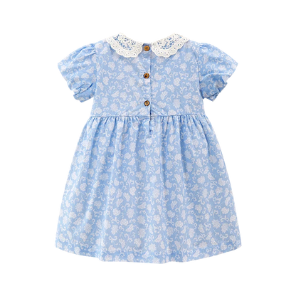 Little maven Party Dress Children's Clothing 2024 Baby Girls Blue Dresses Cartoon Flowers Summer Holiday Dresses Kids Clothes