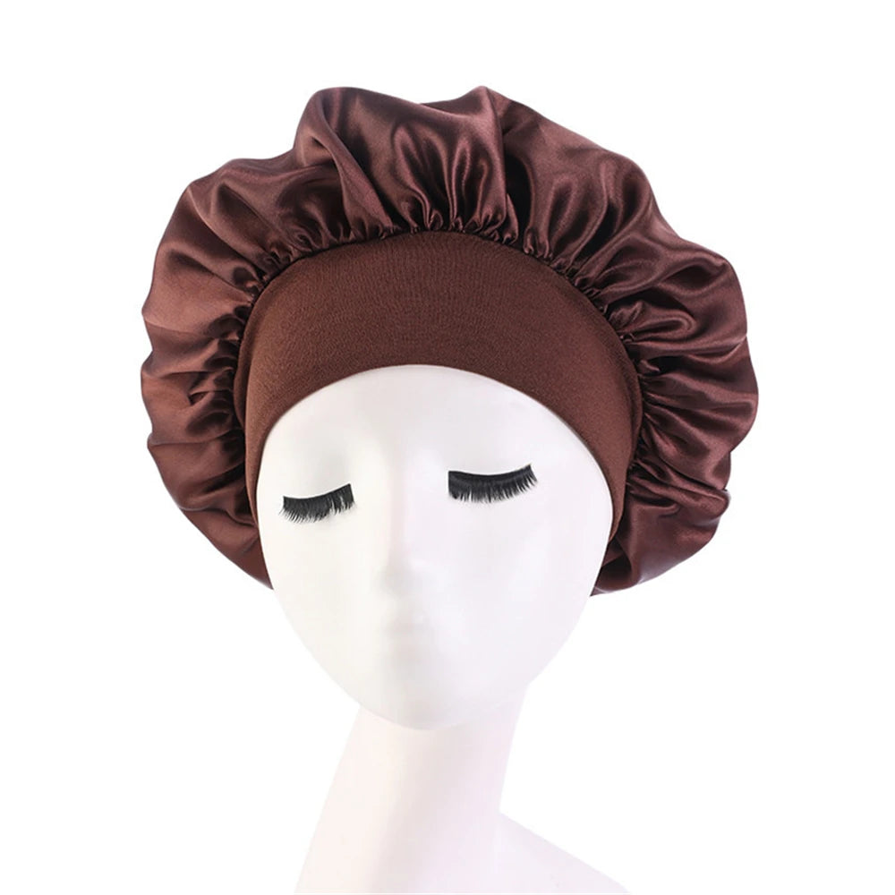 Newly Women's Satin Solid Sleeping Hat Night Hair Care Bonnet Nightcap For Women Men Unisex Cap Brown