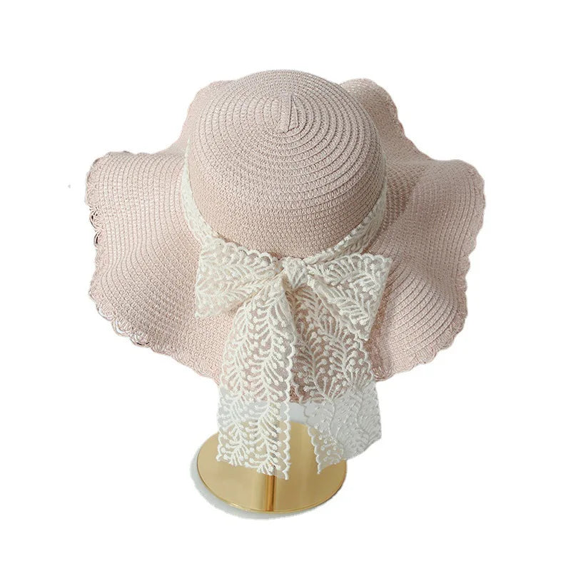 Women's Straw Hat Spring and Summer Lace Bow Large Brim Breathable Foldable Sunshade Caps Beach Cap Sweet Fisherman Hat S131 S131-Pink One size