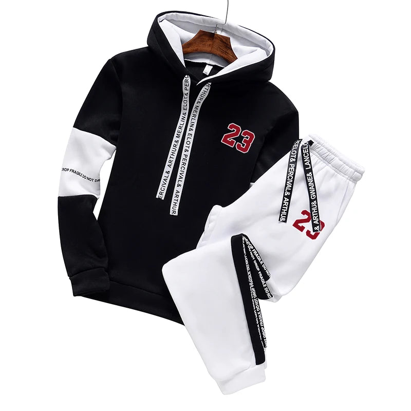 Mens Tracksuit Casual Hooded Sweatshirt+Pants 2 Pcs Sets Trend Black White Hot Sales Couple Clothing Outdoors Sport Jogger Suit BlackWhite