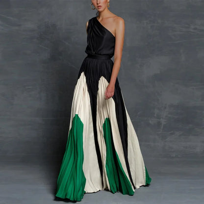 Party Dress Lady Chic Sleeveless Pleated Long Dress Elegant High Waist Evening Maxi Dress Women Fashion Gradient Patchwork Black 03 Green