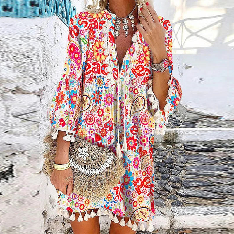 Women Vintage Print V Neck Tassel Mini Dress Casual Loose Three Quarter Sleeve Beach Dress 2024 Spring Summer Party Dress Femme