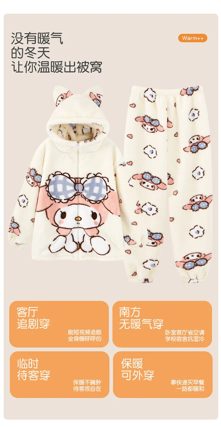 Sanrio Cartoon Hello Kitty Pajamas Female Flannel autumn Winter New Plus Thicken Velvet Sweet Keep Warm Pajamas set leisure wear