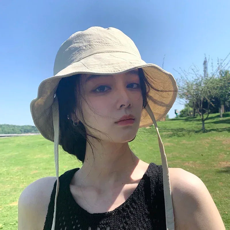 Korean Ins Lace-up Fisherman Hat Women Ins Blogger Lightweight Windbreak Windproof Rope Sunshade Basin Hat Sun Bucket Hat