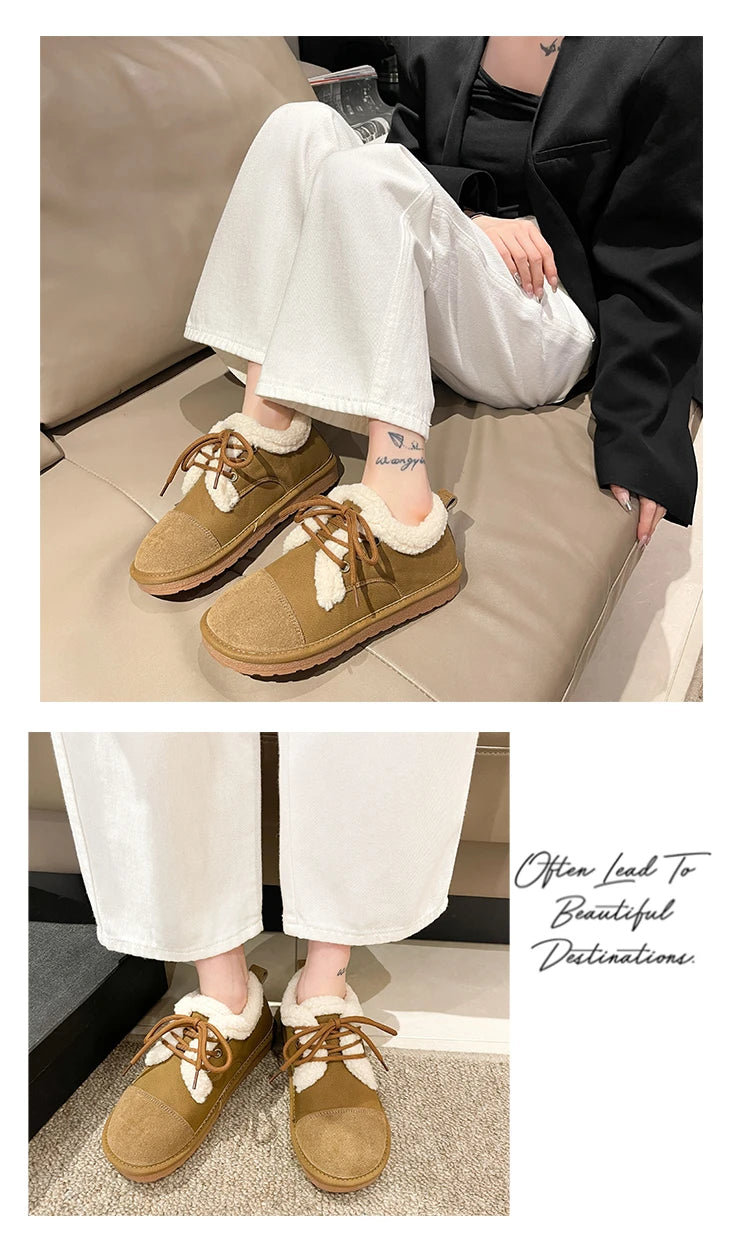 Fashion khaki Winter Shoes Women Low-cut Plush Flat Shoes for Women Non-slip Outdoor Female Cotton Shoes Cozy Fur Ladies Loafers