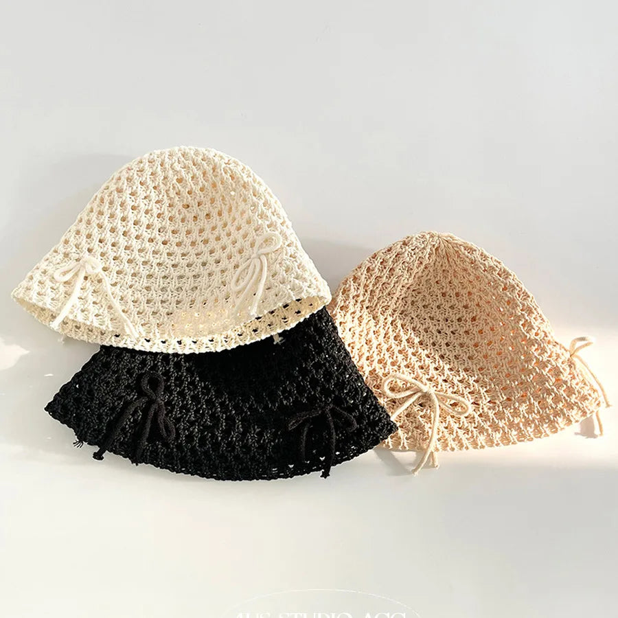 Korean Ins New Cute Bow Hollow Knitted Women's Caps Spring and Summer Sunshade Versatile Show Face Small Sweet Bucket Hat