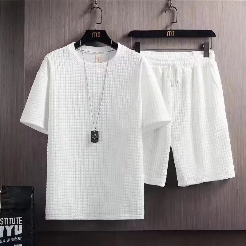 Summer Men's Sets Korean Fashion 2 Piece Set Tracksuits Men Casual Men Clothing Joggers Set Plaid T Shirt+Shorts Men Outfit Set WHITE