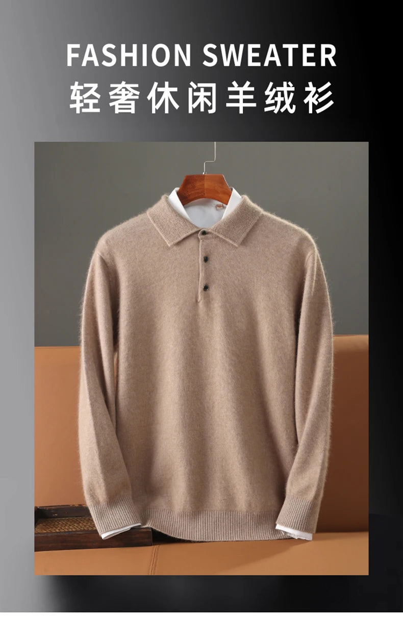 Men's Shirt 100% Mink Cashmere Sweater Casual Business POLO Collar Pullover Autumn Winter Warm Knit Base Shirt Men's Clothing