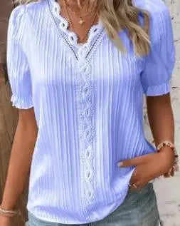 2024 Summer New Women's Blouse Top Solid Sexy V-Neck Hollow Short Sleeve Fashion Splice Plus Size Loose Street Apparel Shirt Light Purple