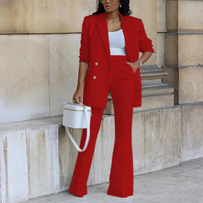 Women's Clothing 2023 Autumn New Solid Color Casual Suit Wide-leg Pants Suit Two-piece Suit Ensemble Femme 2 Pièces été Red