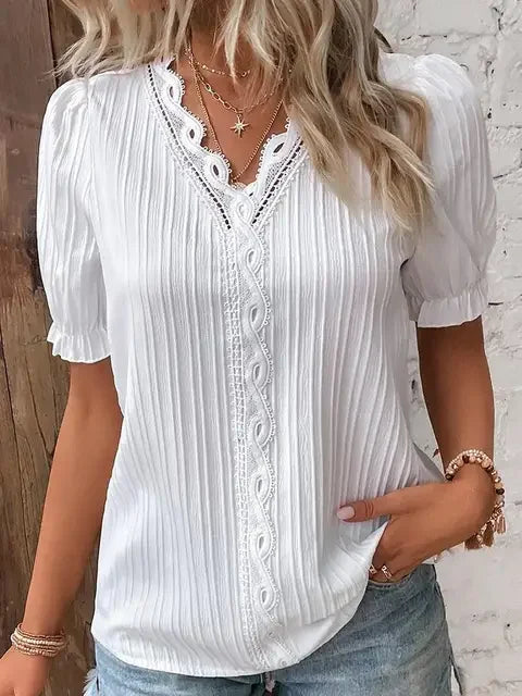 2024 Summer New Women's Blouse Top Solid Sexy V-Neck Hollow Short Sleeve Fashion Splice Plus Size Loose Street Apparel Shirt WHITE