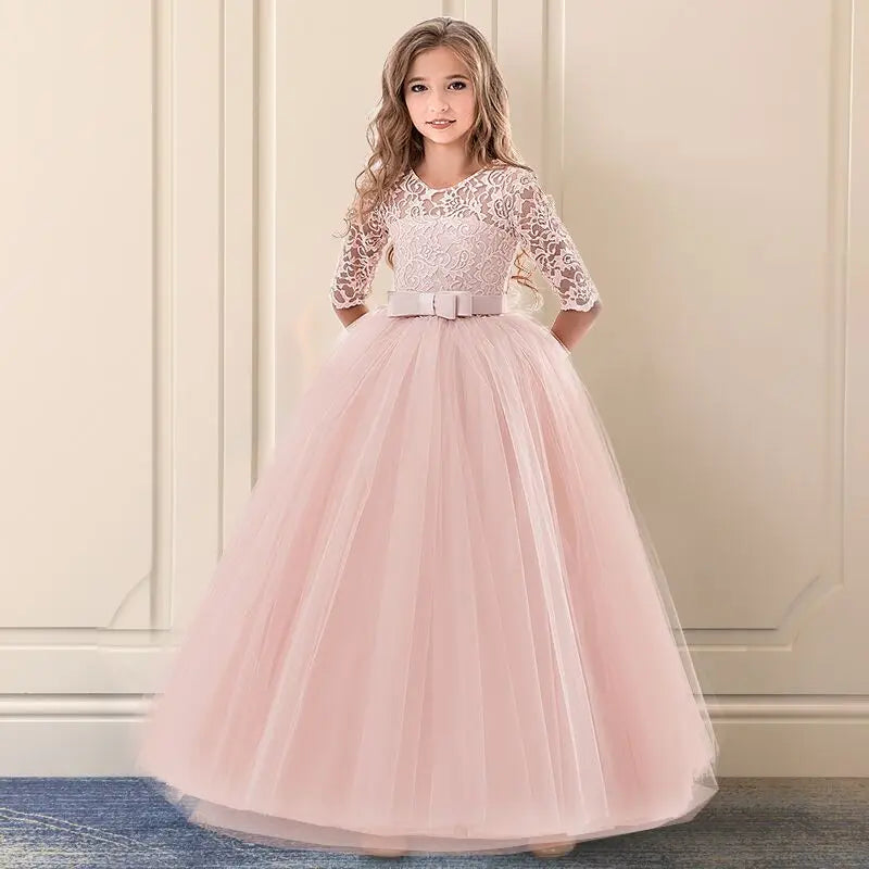 Girls Christmas Dress For Kids Wedding Evening Party Bridesmaid Long Dress Prom Gown Children Teenager New Year Princess Costume pink 04