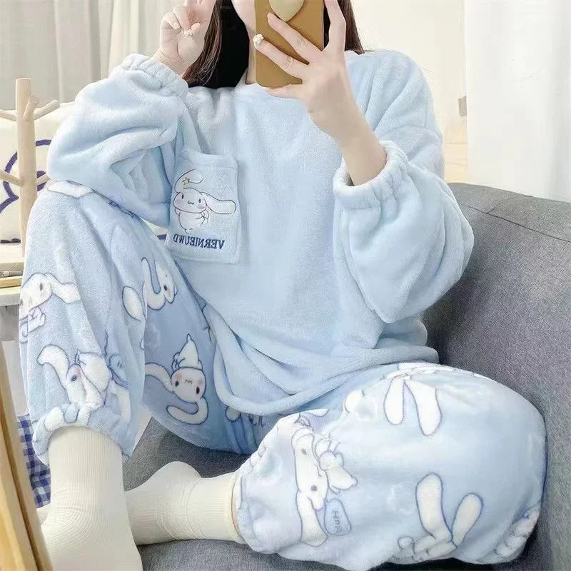 Kawaii Hello Kitty 2Pcs Plush Pajama Set Sanrioed Pochacco Cartoon Anime Winter Women Homewear Winter Thicken Girls Keep Warm